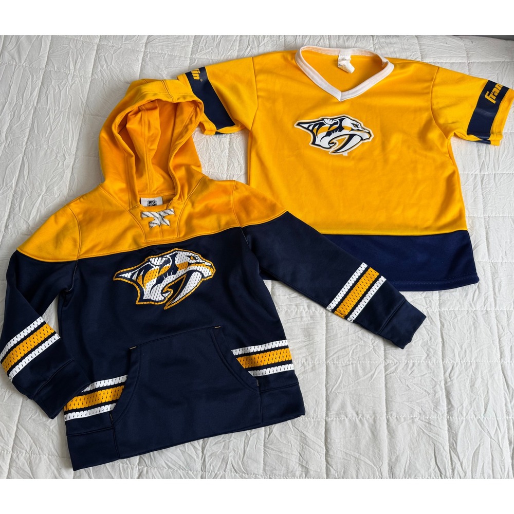 Kids Nashville Predators NHL Hoodie and Jersey Set Gold Navy Blue Size 7 M